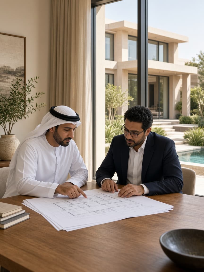 A homeowner and an advisor reviewing plans for a private home